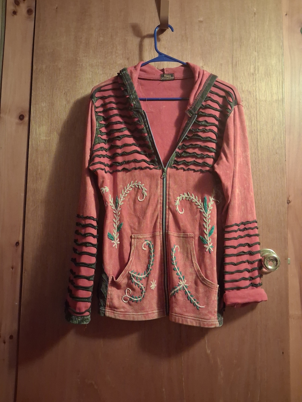 Rising International Red Woth Black Stripes Embroidered Zip-Up Hoodie Jacket